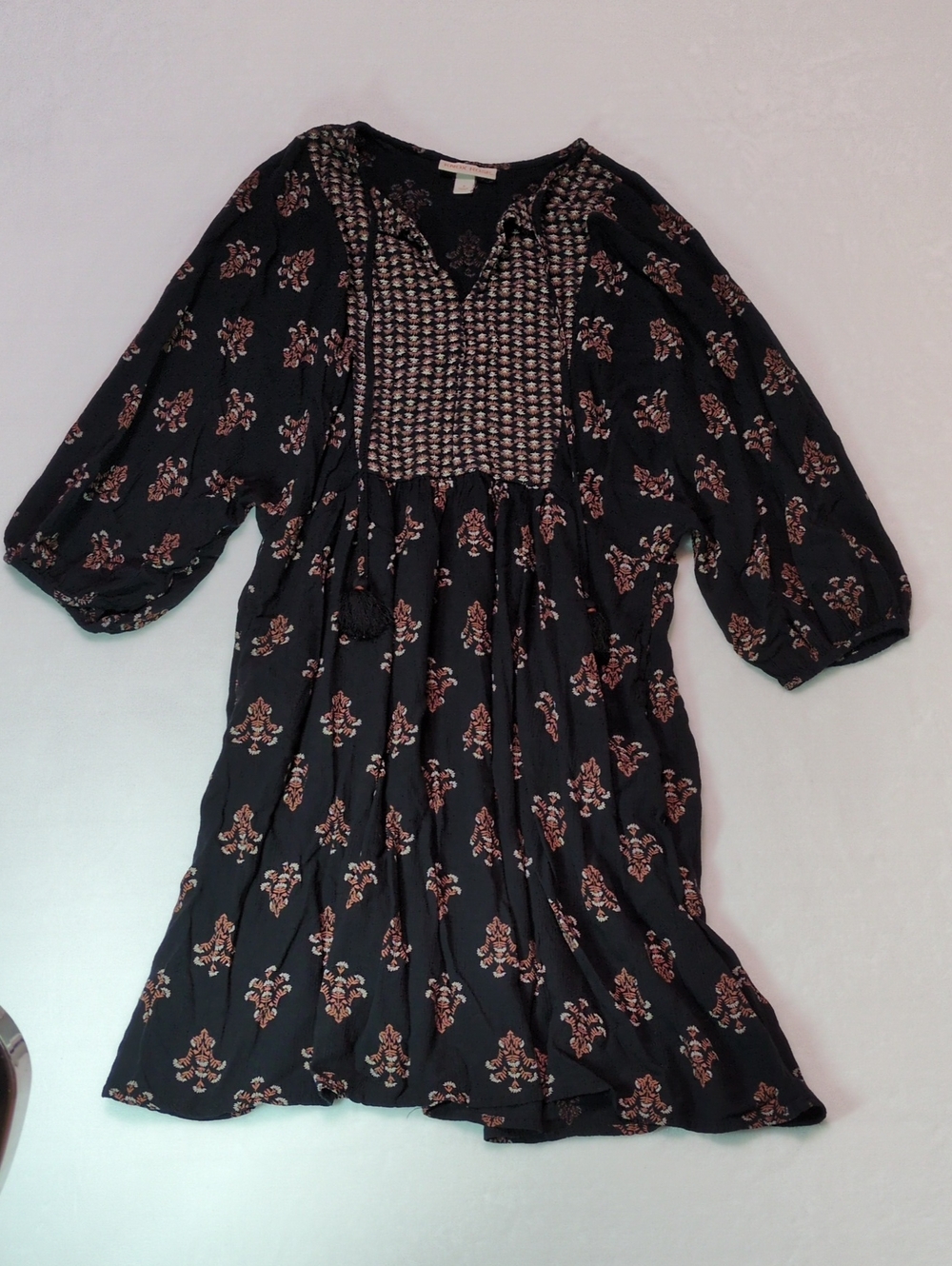 Knox Rose Boho Floral Tunic Dress Black Pink Size S Pockets Long Sleeve